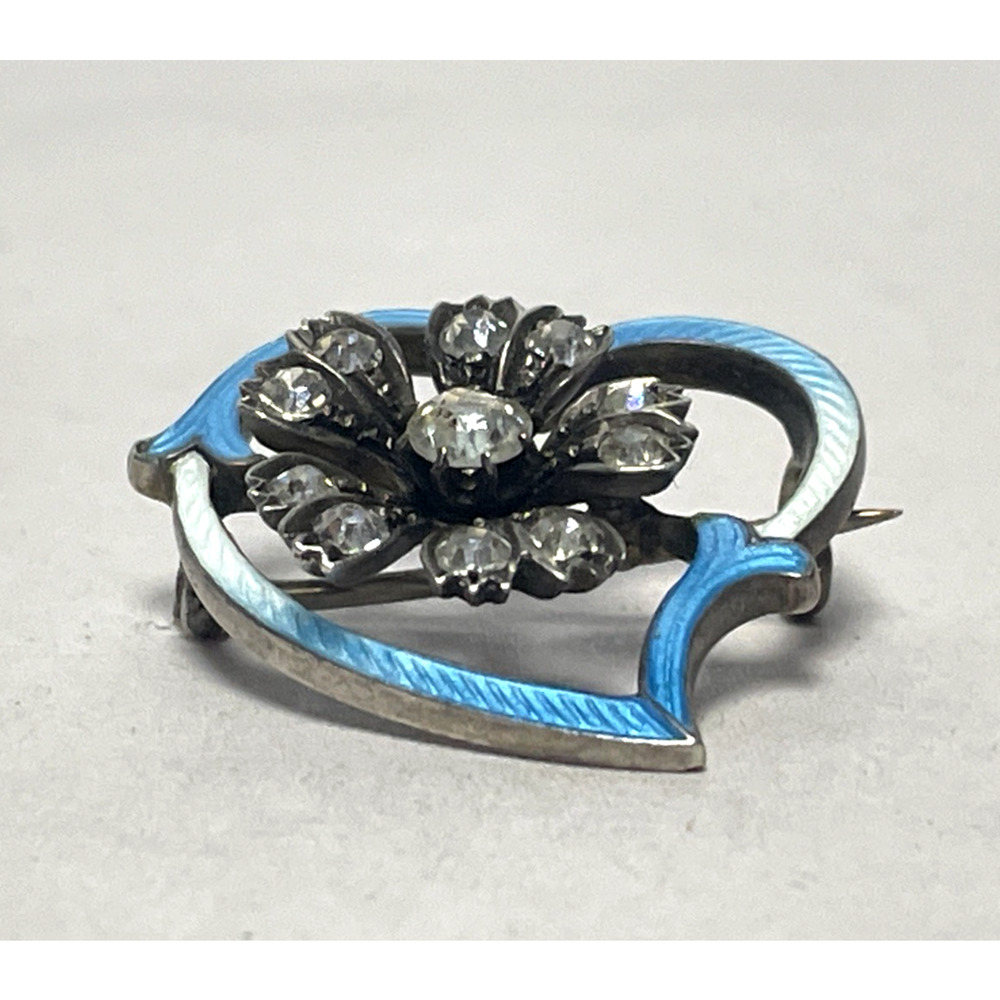 VTG Blue Guilloche Enamel Rhinestone Heart Flower Brooch Pin 1" Antique Style - Picture 7 of 12